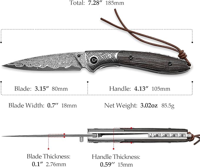 3.15" Handmade Damascus Folding Pocket Knife，EDC Knives Gift for Men，Tree Texture Ebony wood Handle，Ceramic Bearings，Thumb Stud, Steel Bolster, Liner Lock.Piscis Austrinus-01E