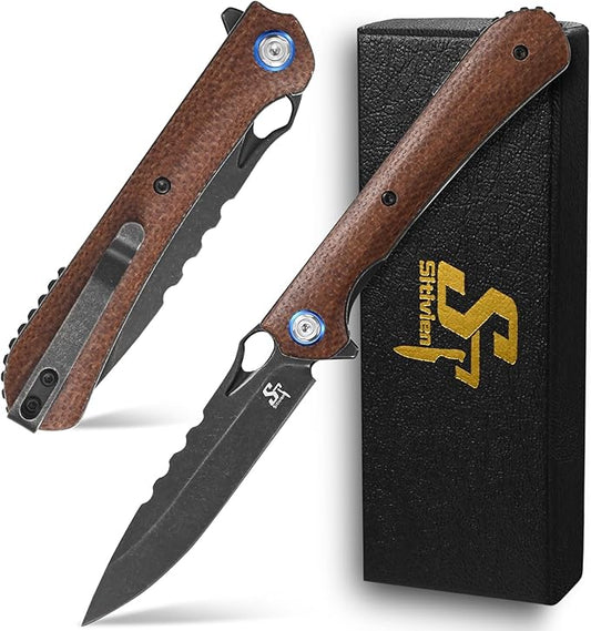 Sitivien ST145 Folding Pocket Knife,Black Stonewashed 14C28N Steel Blade,Micarta Handle EDC Tool Knife for Outdoor Survival,Camping,Hiking,Hunting(Brown) …