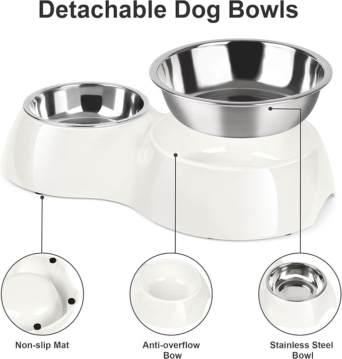 Double Dog Bowls Set ??Non-Slip Pet Food & Water Dishes with Resin Stand, Includes Small (1 Cup) & Medium (2 Cups) Bowls ??Ideal for Puppies, Cats, and Medium Dogs ??White