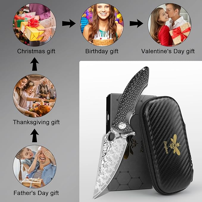 Pocket Knife for EDC Damascus Pocket Knife with Black Aluminum Handle 3.3" Damascus Blade Pocket knives & Folding Knives