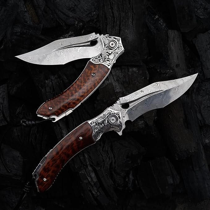 Japanese VG 10 Damascus Steel Folding Knife, Outdoor Wilderness Survival Pocket Knife, Snake Wood Handle Lined Lock, Leather Sheath, EDC Pocket Knife