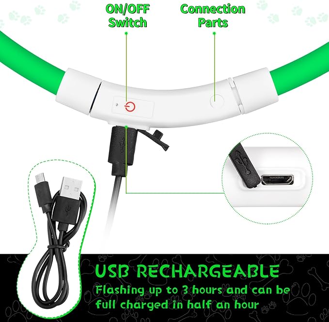 Weewooday 3 Pcs Dog Collar LED USB Rechargeable Lights Dog Necklace Collars Doggy Lights for Night Walking Adjustable Safety Lamp Pet Collars for Large Medium Small Puppy Pet(Green,Classic Style)