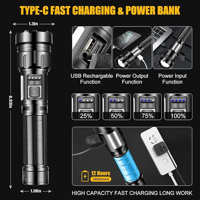 Rechargeable Flashlights High Lumens - 500 LM Super Bright LED Flashlight Powerful Tactical Flashlight with Zoomable, 7 Modes, IPX7 Waterproof, Handheld Flashlight for Camping, Hiking, Emergencies