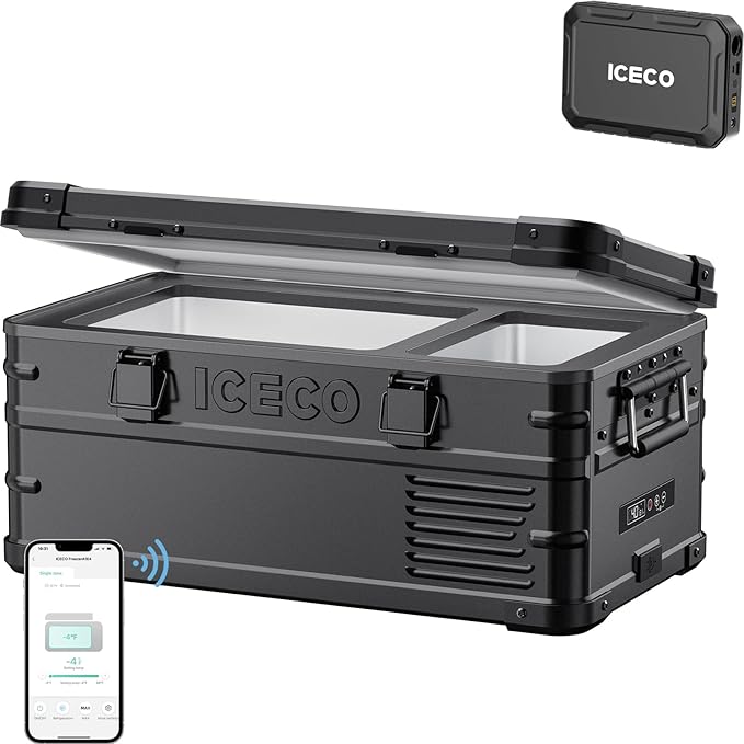 ICECO APL20 12V Refrigerator with Battery, 21 Qts Aluminum Portable Freezer, Car Fridge with SECOP Nano Compressor, -4℉~68℉,Electric Cooler Powered by AC/DC or Solar, Refrigerator for Vehicles