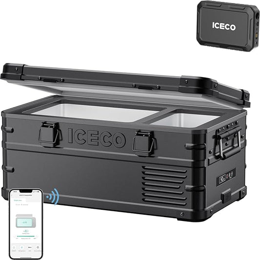 ICECO APL20 12V Refrigerator with Battery, 21 Qts Aluminum Portable Freezer, Car Fridge with SECOP Nano Compressor, -4℉~68℉,Electric Cooler Powered by AC/DC or Solar, Refrigerator for Vehicles