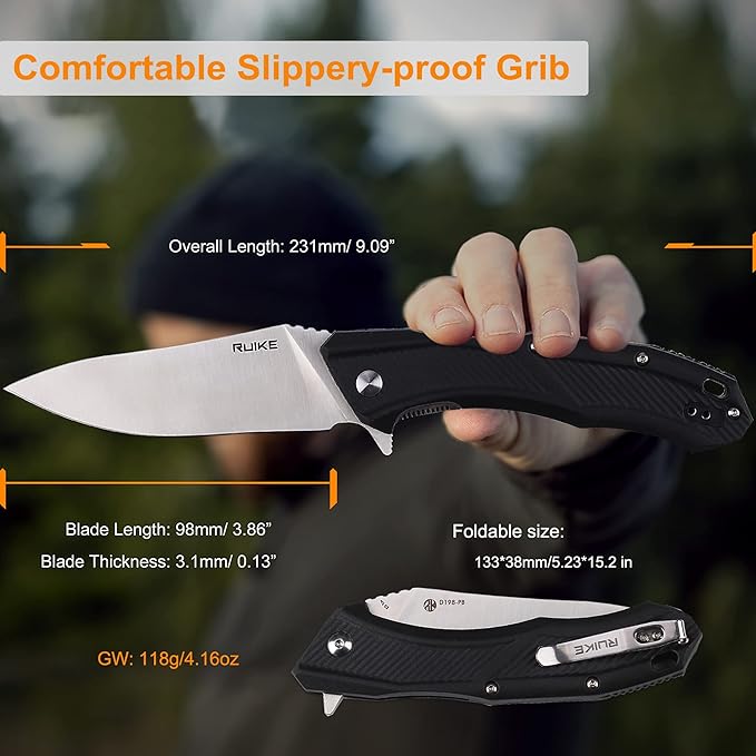 Ruike EDC Pocket Knife for Men,3.86 inch Big Blade,8Cr13 Stainless Steel,Liner Lock,Tactical Camping Folding Knives Belt Clip,Lightweight PA66 Handle,Small Flipper Microtech Elemental Survival Hiking Hunting Gadgets Gear Tool Womens Dad Father Gift