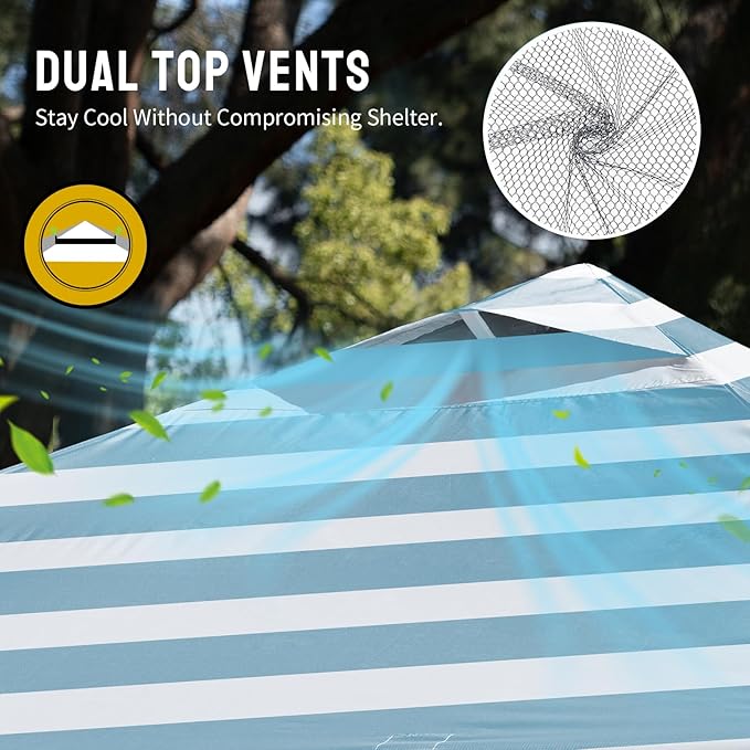 CROWN SHADES 10x10 Pop Up Canopy - Beach Tent with One Push Setup - Easy Outdoor Sun Shade for Events, Parties, Camping - Gazebo with STO-N-Go Cover Bag, Silver Coated Top, Cyan Blue Stripes