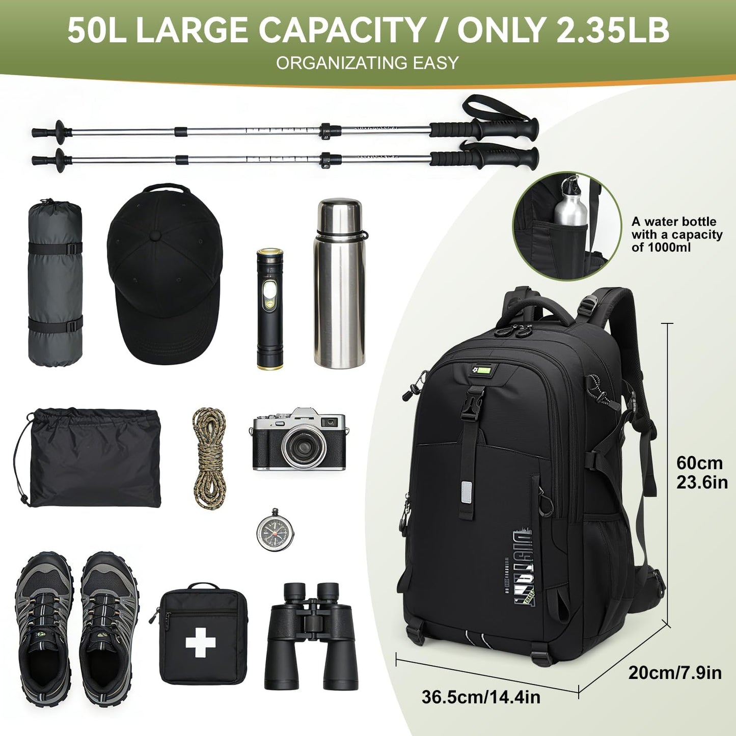 50L Hiking Backpack for Men Women, Waterproof Outdoor Daypack,Black