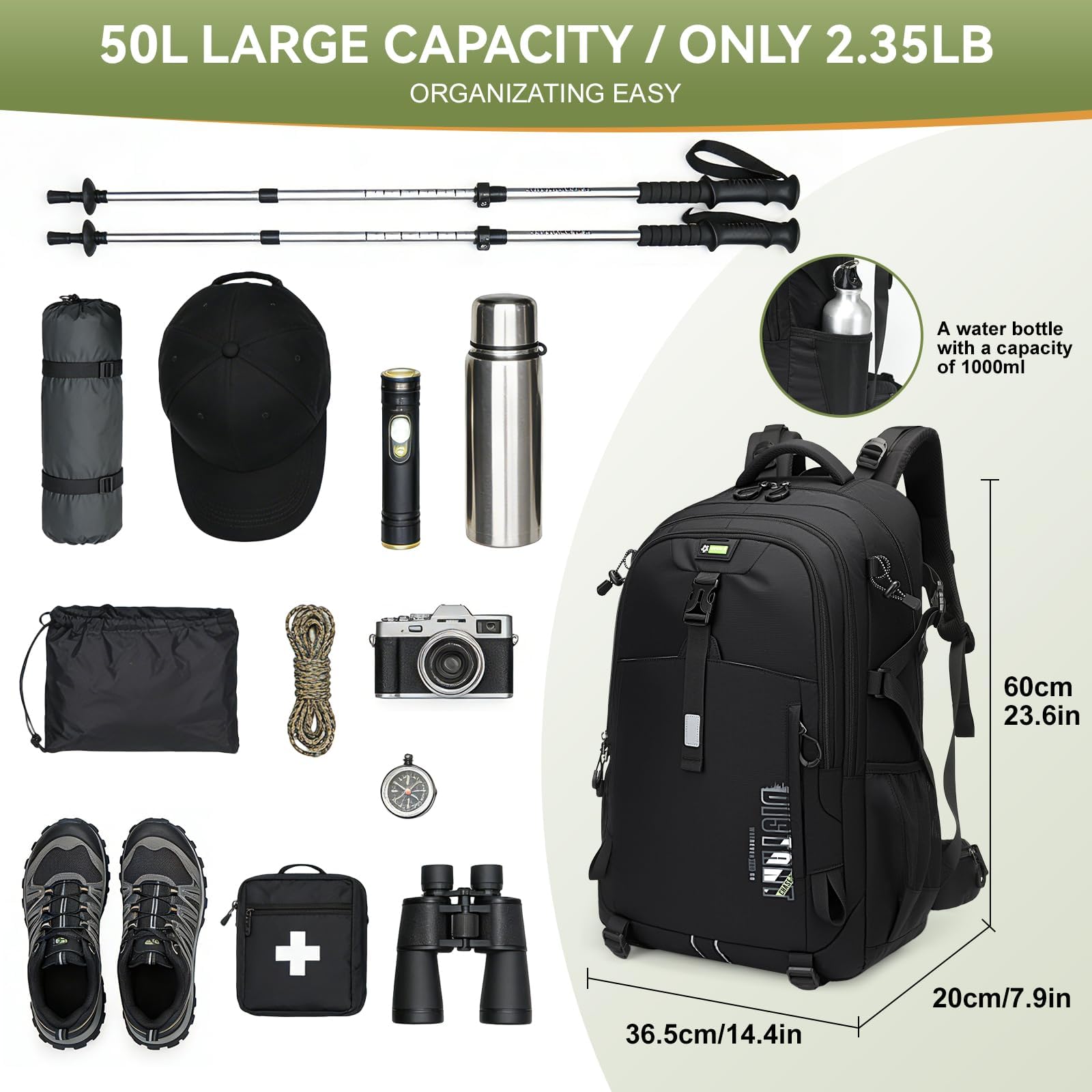 50L Hiking Backpack for Men Women, Waterproof Outdoor Daypack,Black