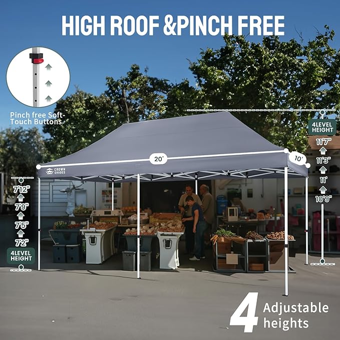 CROWN SHADES 10x20 Pop Up Canopy Tent - Commercial Canopy Tent with 400D Strength Oxford Fabric, Hexagonal Leg, 4 Upgraded Weights - Great for Trade Shows, Events,Parties & Commercial Use, Gray