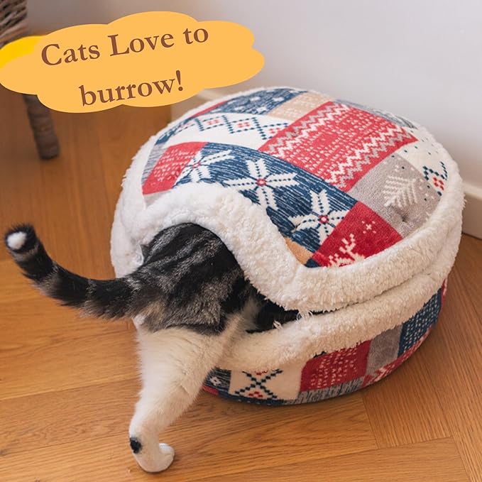 Cat Cave Bed ??Plush, Warm & Calming Hideaway with Detachable Lid & Mat, Covered House for Indoor Kitten & Kitty (Redwhite)