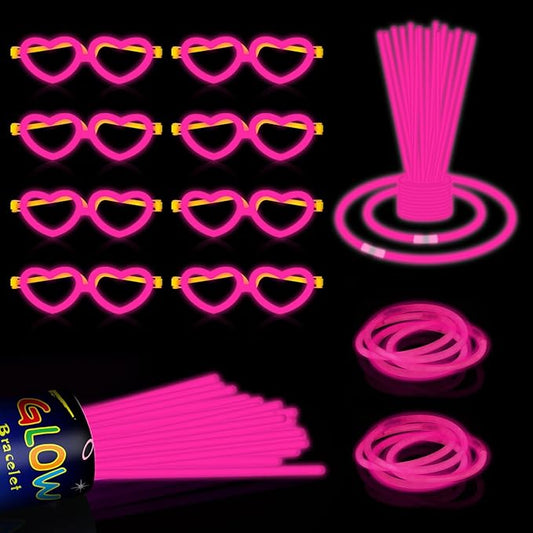 60 Pack 8??Pink Glow Sticks Bulk Bright Glow Sticks with 60 Connectors 20 Heart Glasses Glow In The Dark Party Supplies Neon Party Decorations Glow Bracelet Glasses for Holiday Carnival (Pink)