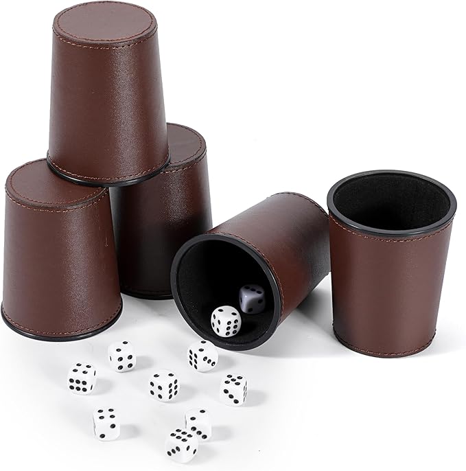 5X Dice Cup Set, PU Leather Dice Shaker Cups with 30 Dices for Bar Party Yahtzee Farkle Dice Games, Coffee (5, Brown)