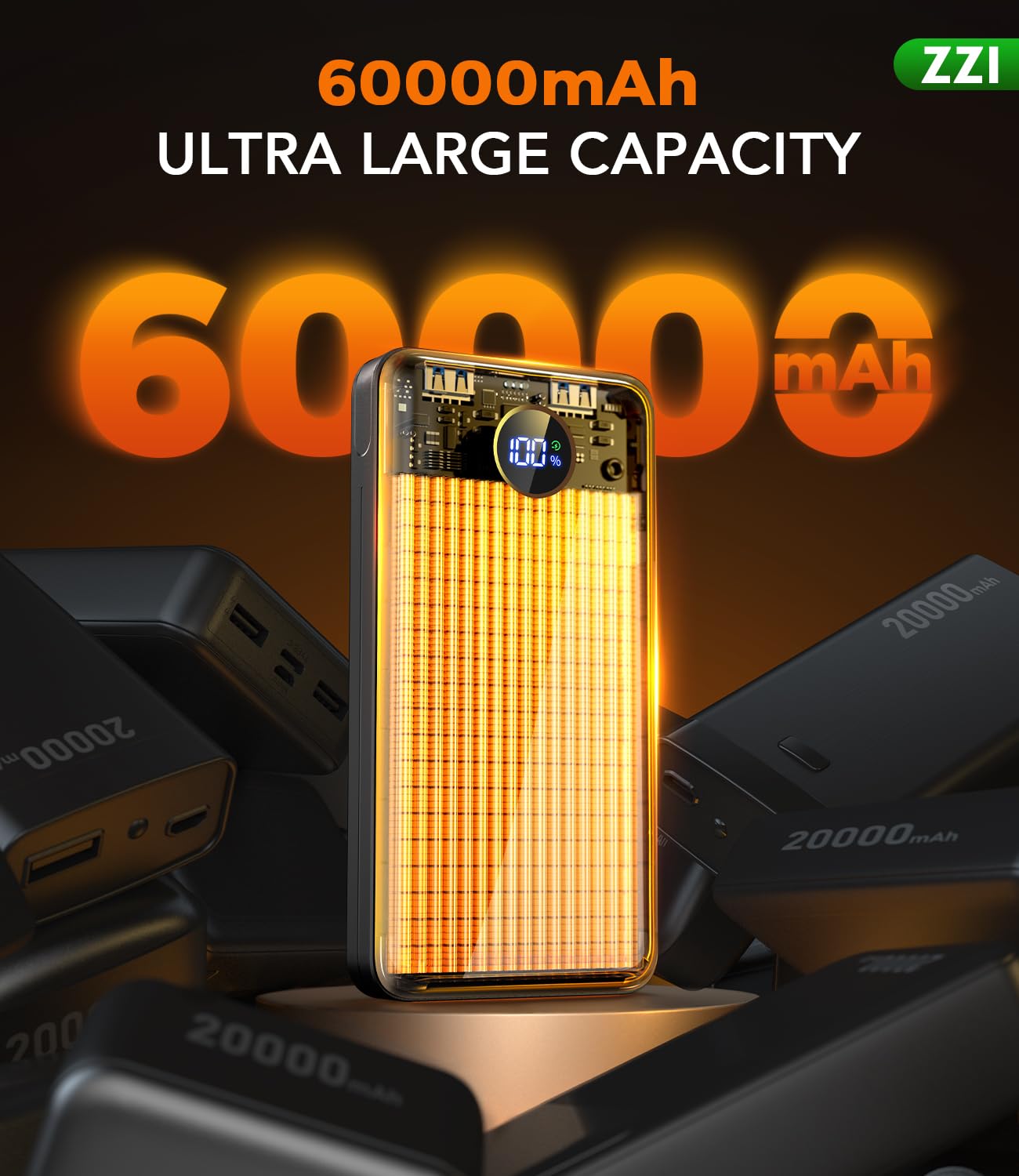 ZZI Portable Charger Power Bank 60000mAh, 22.5W PD Fast-Charge Battery Pack
