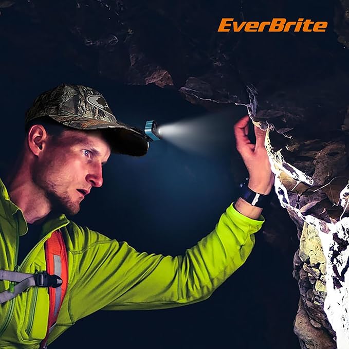 EverBrite Rechargeable LED Headlamp, Only 1.59 OZ Ultra-Light with Hat Clip, IP67 Waterproof, White/Red/Green Light, 7 Modes for Camping, Running and Backpacking-Blue