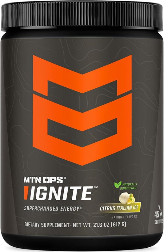 MTN OPS Ignite Energy Drink Powder, Naturally Gluten Free & Sweetened with Monk Fruit, Nitric Oxide Supplement Drink Mix, Caffeine & Nootropic Sugar Free Drink Mix, 45 Servings, Citrus Italian Ice