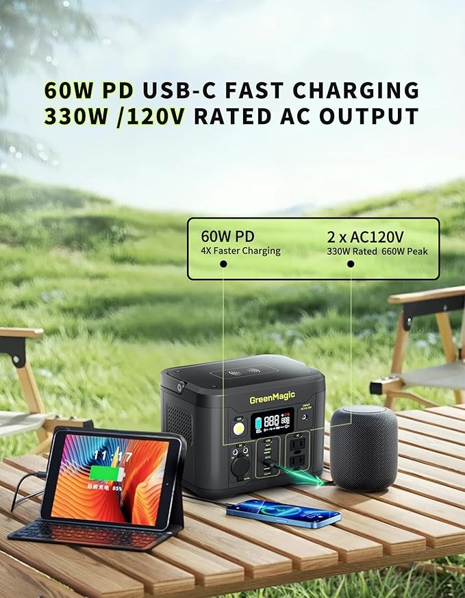 Greenmagic Portable Power Station 330W, BG330A 227Wh Solar Powered Generator with 40W Solar Panel, 120V Pure Sine Wave AC Outlet Charging Lithium Battery for Outdoor Camping Travel Home