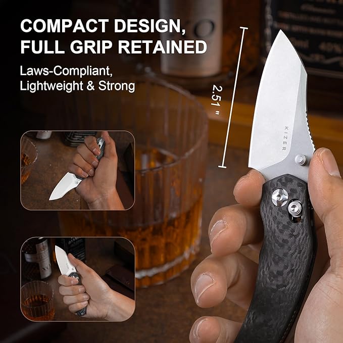 Kizer Mini Bulldog Pocket Knife, 2.5??S45VN Sheepsfoot Blade Folding Knife, Carbon Fiber Handle Clutch Lock Small EDC Knife for Men Women Gift, Camping Hunting Knives Ki3672SA3