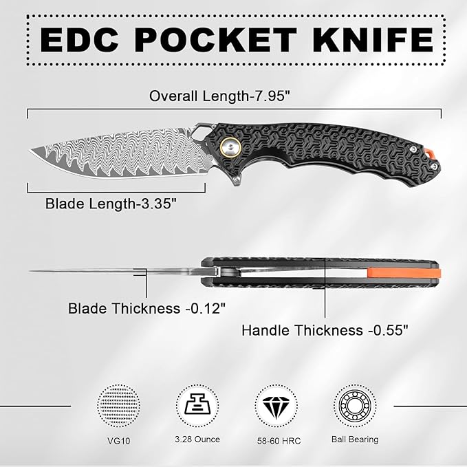 Damascus Pocket Knife for Men Women, 3.35" VG10 Core Damascus Steel Blade Folding Knives with Black Aluminum Handle, EDC Camping Knife