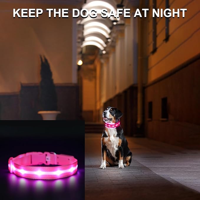 CHUKCHI LED Dog Collar Rechargeable,Waterproof Flashing Collar,Light Up Glow Collar, Adjustable Soft Safety Light Up for Small Medium Large Dogs Walking Camping at Night (Pink-L)
