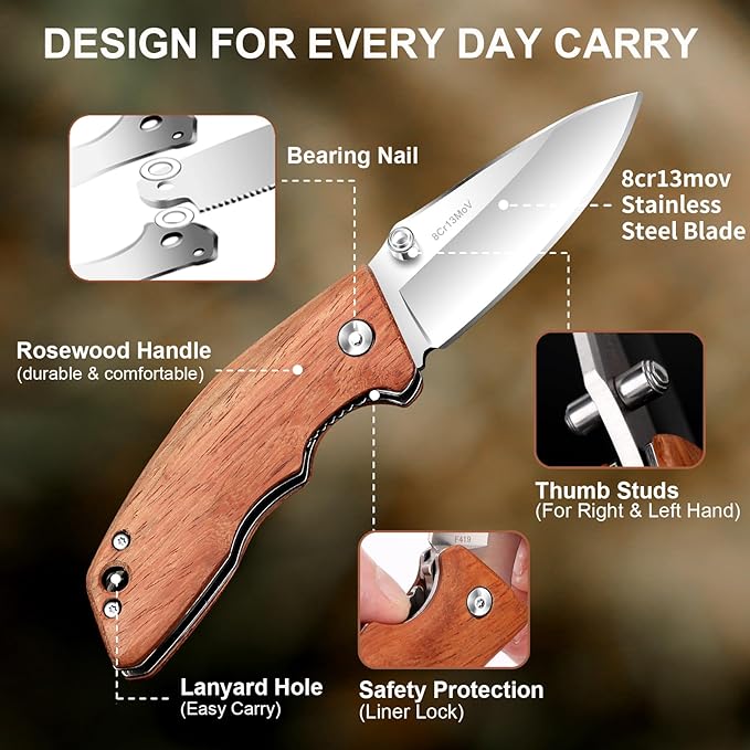 Vickay Pocket Knife, Folding Knife, 2.75" 8Cr13MoV Steel Blade, Wood Handle EDC Knife for Men & Women, Outdoor Camping, Tactical, Hunting, Hiking, Survival - Father?™s Day Gift