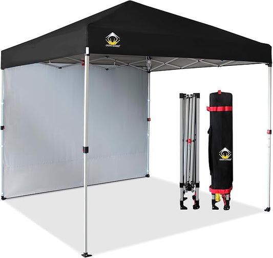 CROWN SHADES 8x8 Pop Up Canopy with 1 Side Wall - Beach Tent with One Push Setup - Outdoor Sun Shade for Events, Parties, Camping - Gazebo with STO-N-Go Cover Bag (Black)