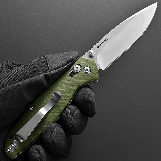 Eafengrow EF966 Folding Knife D2 Blade Micarta Handle with Pocket Clip EDC Tactical Knife thumb knobs Axis Lock EDC Multitool Knife (GREEN)