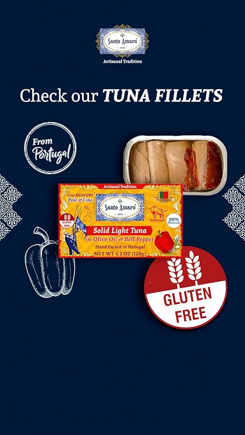 Santo Amaro - Artisanal Wild Tuna Fillets in Olive Oil & Red Bell Pepper, Pole & Line Caught Tuna from Portugal, Hand-Packed Sevilla-Style Canned Tuna Fish, 22g Protein, Keto, Low Mercury, Pack of 6