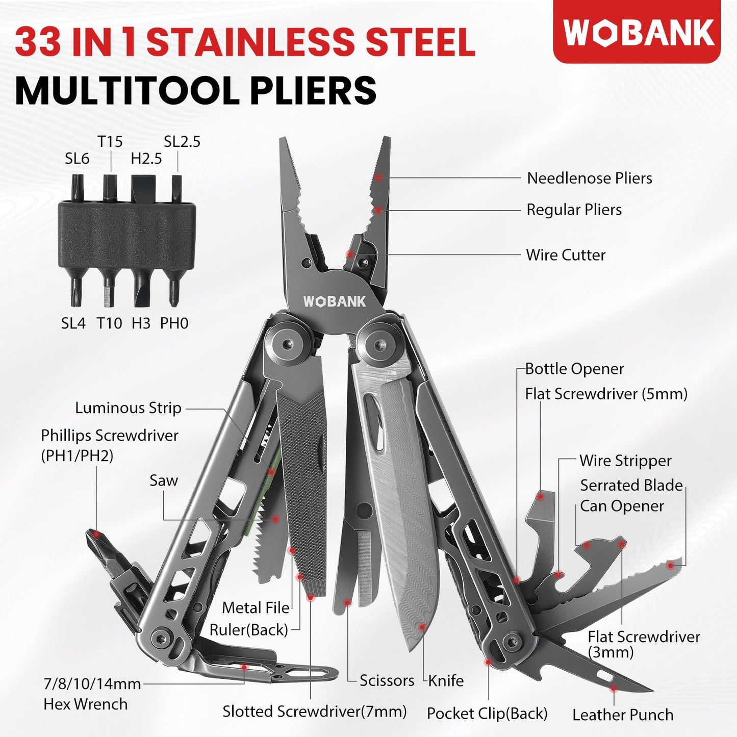 WOBANK 33-in-1 Multitool Pliers, Full-size, EDC Knife, Stainless Steel