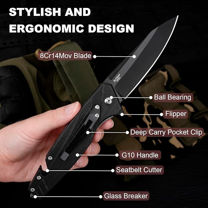 AUBEY Pocket Knife, 8Cr14Mov Steel Blade 3.54", 3-in-1 Folding Knife for Men, Tactical Multitool Knife with Glass Breaker Seat Belt Cutter for EDC Outdoor Survival Camping Hiking (G10 Handle)