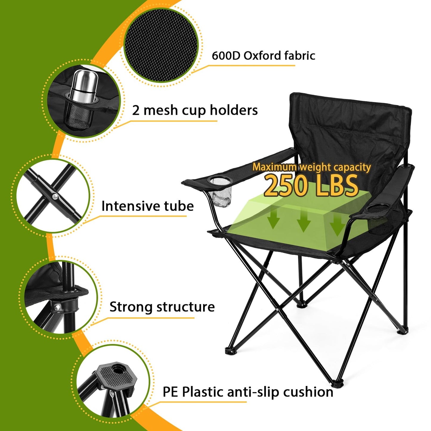 HaSteeL Folding Camping Chair Set of 3, Foldable Black Camp Chairs & Grey Table, Large Lawn Chair