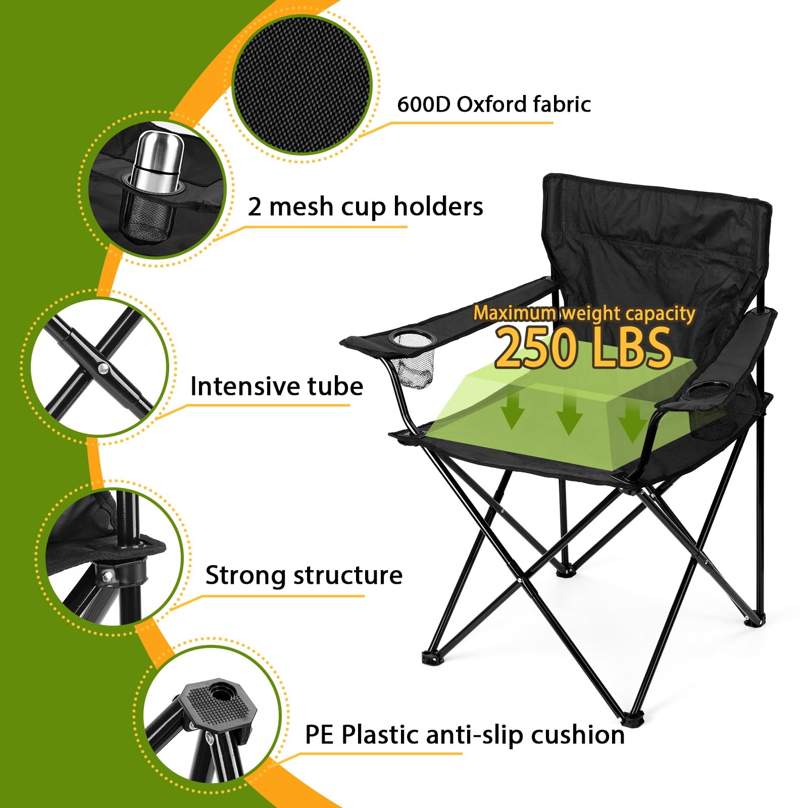 HaSteeL Folding Camping Chair Set of 3, Foldable Black Camp Chairs & Grey Table, Large Lawn Chair