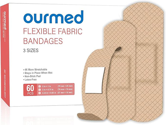 Flexible Fabric Adhesive Bandages,60 Count, Latex Free First Aid Bandage with Non-Stick Pad for Wound Care, Cuts, Scrapes, Blisters, Assorted Sizes