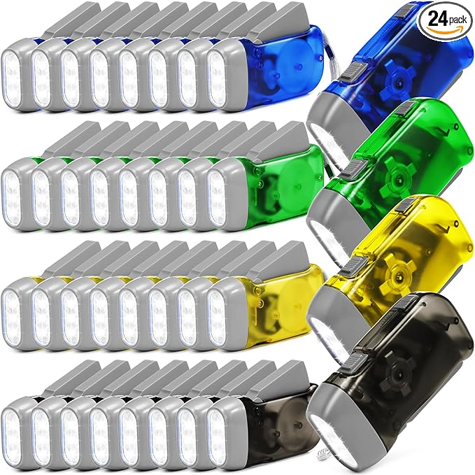 Mudder 24 Pieces Hand Crank Flashlight with LED Self Powered Charging Torch Dynamo for Camping Emergency(Blue, Grey, Yellow, Green)