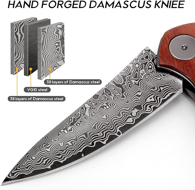 Benkey Damascus Folding Knife with Clip Leather Sheath Camping Knife EDC, Sharp Damascus Pocket Knife Handmade with Liner Lock and Wood Handle for Outdoor Survival Hunting Collection