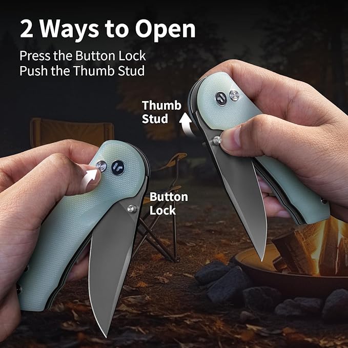 Button Lock Pocket Knife with 2.85 inch VG10 Steel Blade G10 Handle, Folding Knife for EDC, Natural Green