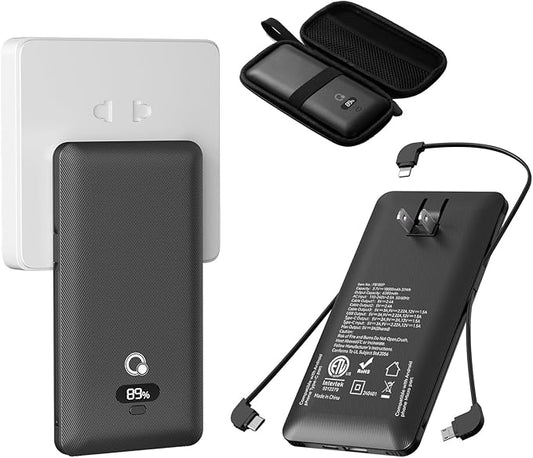 10000mAh Portable Charger with Built-in Cables and AC Wall Plug, USB C Fast Charging Power Bank with 3 Cords,5 Output External Battery Pack Compatible with iPhone,Tablet and All Smart Phones Black