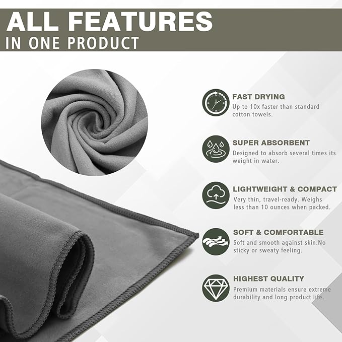 Quick Dry Camping Towel, Microfiber Travel Towel 3 Size at 1 Pack for Camping, Beach, Gym, Sports, Yoga & Swimming Pool, Grey