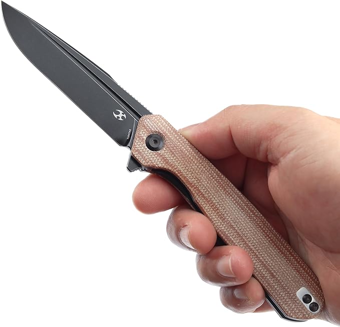 KANSEPT Qilin Pocket Knife, 3.24'' Blackwash 154CM Sharp Blade, Brown Micarta Handle for Edc, Flipper and Liner Lock with Double-Sided Clip, Men Camping Survival Folding Knives T1047A3