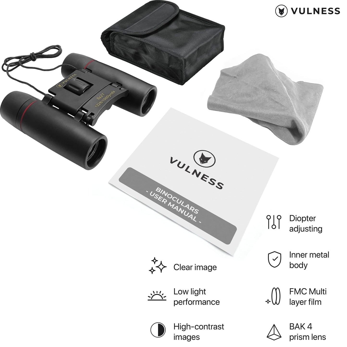 VULNESS Binoculars for Adults, Small Mini Travel Essentials, 8X21, Black