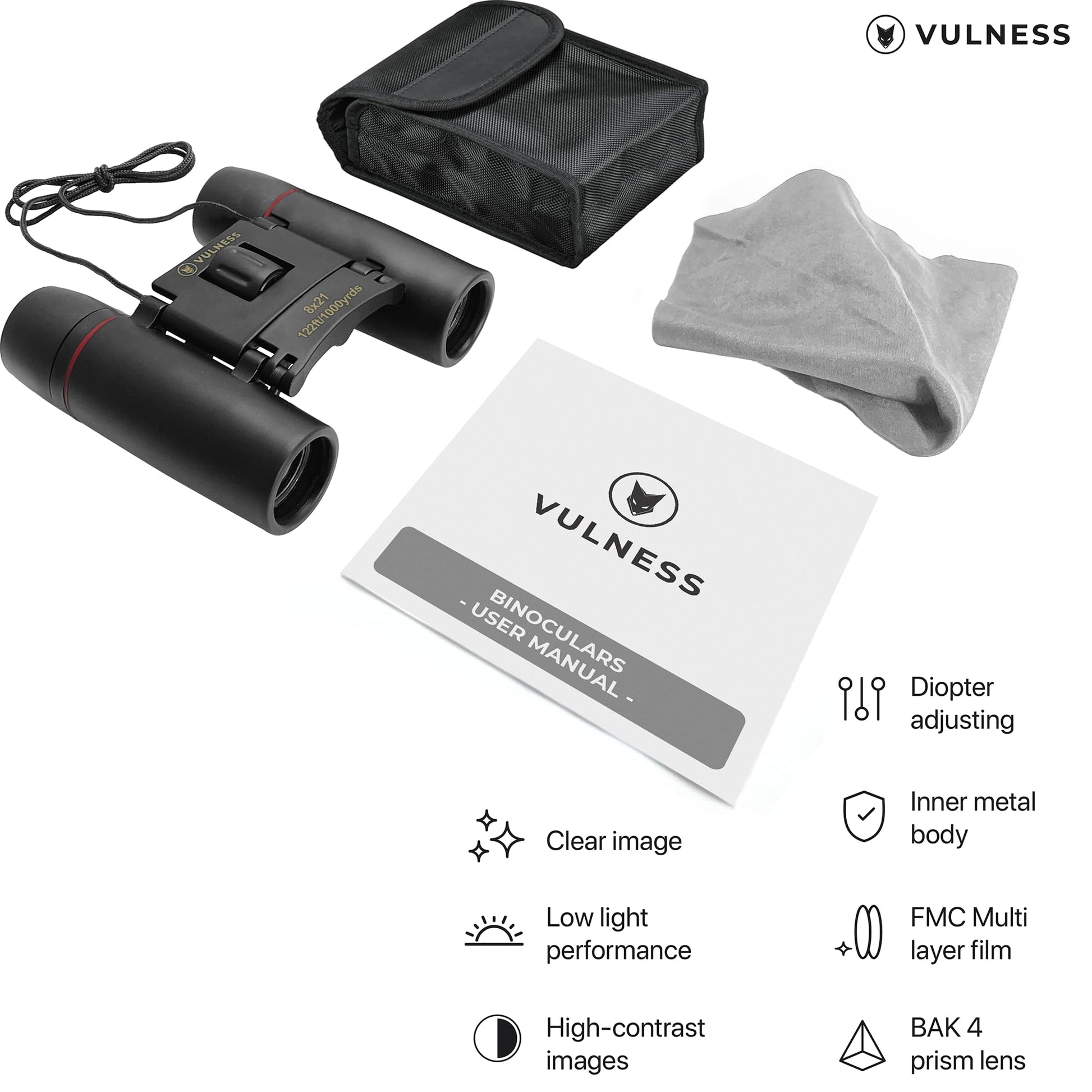 VULNESS Binoculars for Adults, Small Mini Travel Essentials, 8X21, Black