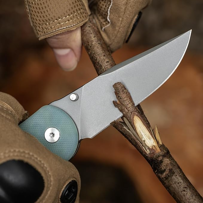 Button Lock Pocket Knife with 2.85 inch VG10 Steel Blade G10 Handle, Folding Knife for EDC, Natural Green