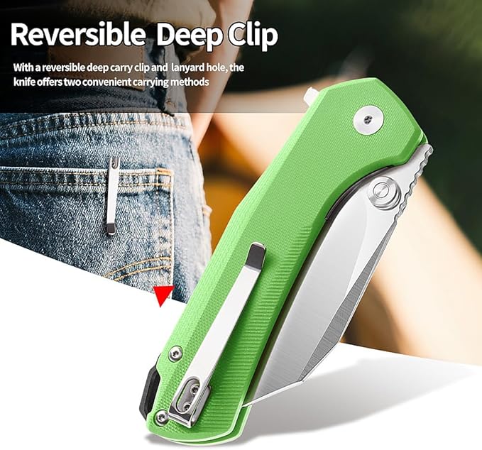 ioko Folding Pocket Knife, 3.5-Inch D2 Steel Blade, G10 Handle, EDC Camping Survival Knife with Clip (Green)