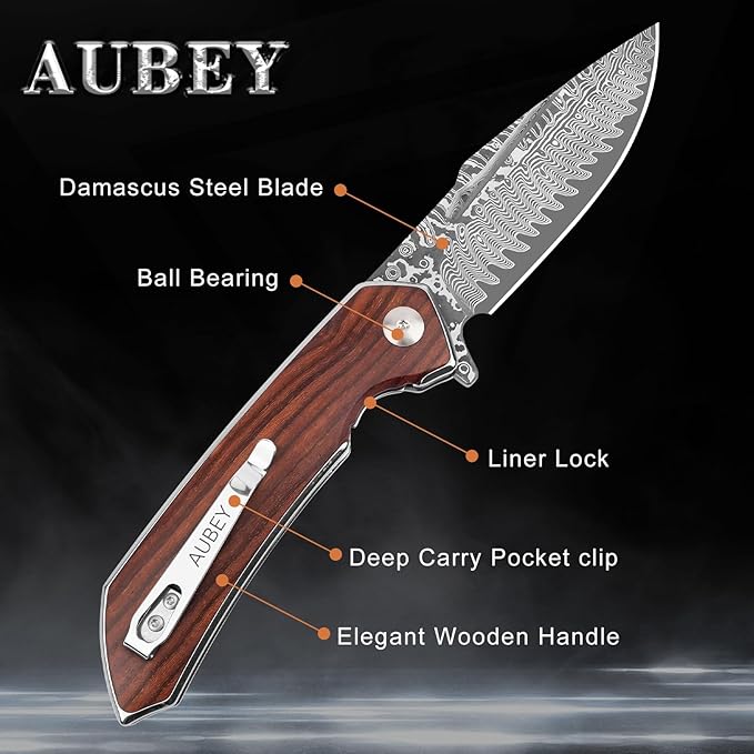 AUBEY Damascus Pocket Knife with Clip, Damascus Steel Blade Folding Knives with Ball Bearing, EDC Knife for Outdoor Camping Collection (Wooden Handle)