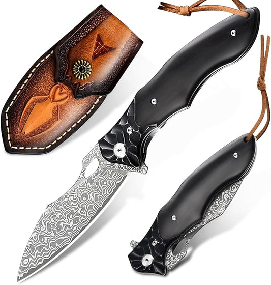 Pocket Knife for Men, Hunting knife with sheath, Damascus Steel Folding knife with Ebony Wood Handle, Survival EDC Knife for Fishing, Meat Cutting, Tactical Knife for Outdoor Camping Hiking