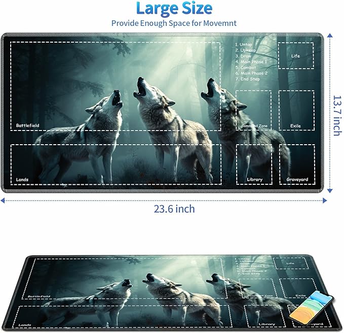 Playmat for MTG with Zones, 24 x 14 inches Game Play Mat for MTG TCG, Trading Card Game Play Mat Desk Mats with Stitched Edges Non-Slip Base, Three Wolfs