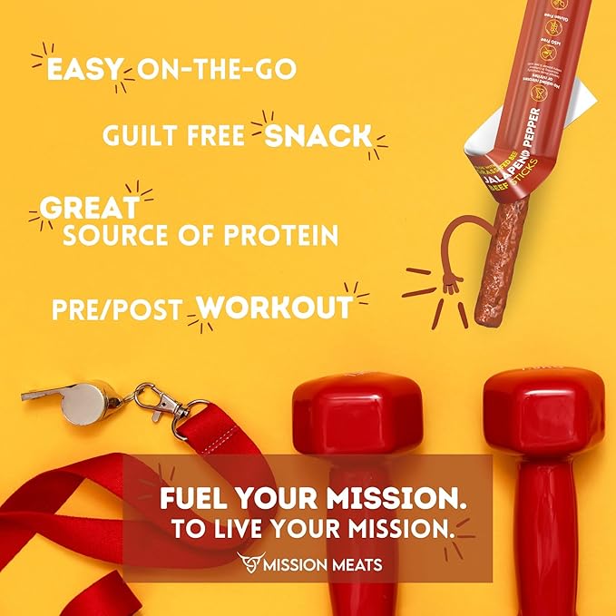 Mission Meats Beef Sticks – 100% Grass Fed & Pasture Raised, Sugar Free, Individually Wrapped Healthy Snacks, Whole 30 & Paleo Friendly, Jalapeno 1oz (Pack of 12)