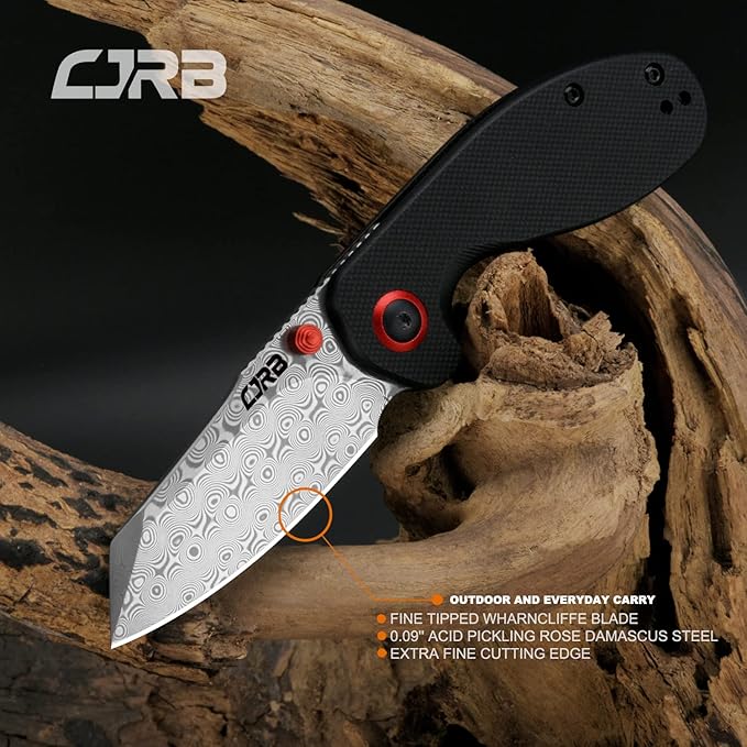 CJRB Maileah pocket knife, folding knife with 2.39'' Damascus Steel Blade, Black G10 Handle EDC Knife for Men Outdoor Survival Camping Limited Edition (J1918D)