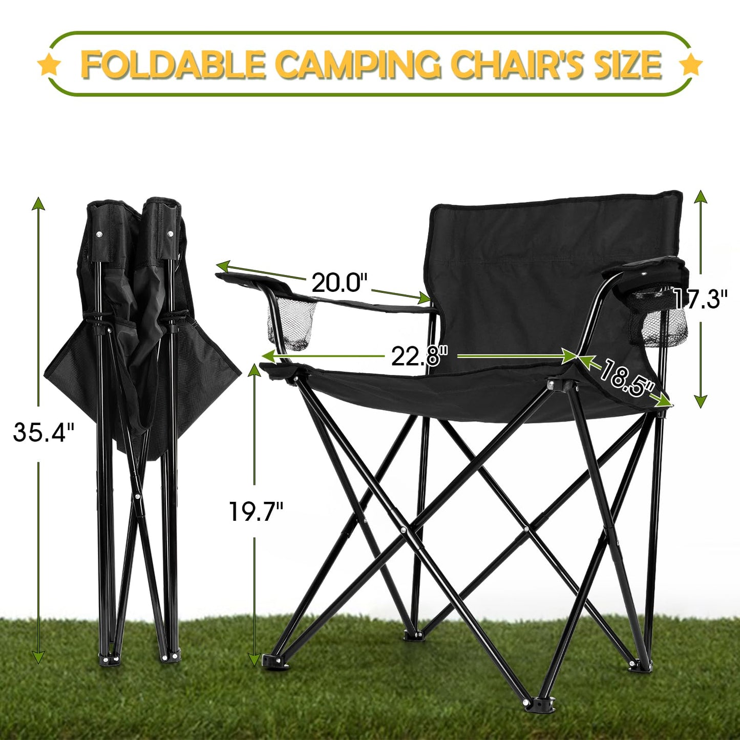 HaSteeL Folding Camping Chair Set of 3, Foldable Black Camp Chairs & Grey Table, Large Lawn Chair