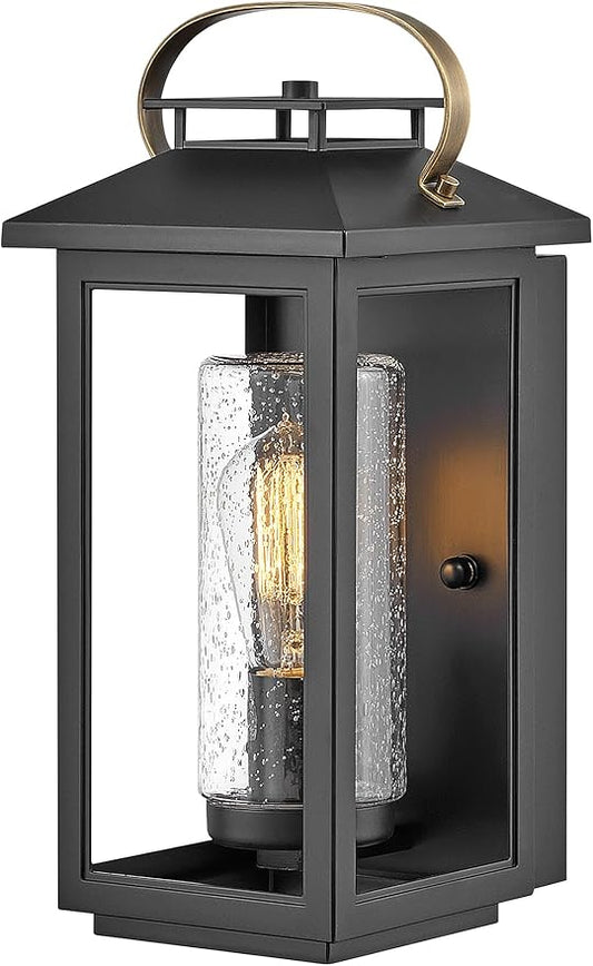 Hinkley Atwater Single Light Medium Wall Mount Outdoor Lantern - Composite Material, Clear Seedy Glass, Anti-Fading - Black Finish with Brass Accents